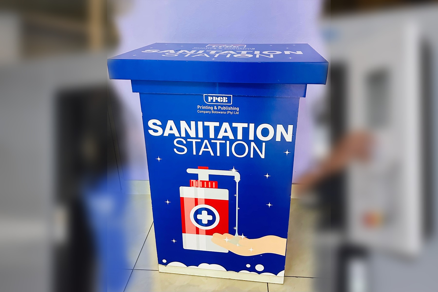 Faster Displays sanitation station unit, branded for PPCB hand-sanitiser dispensing