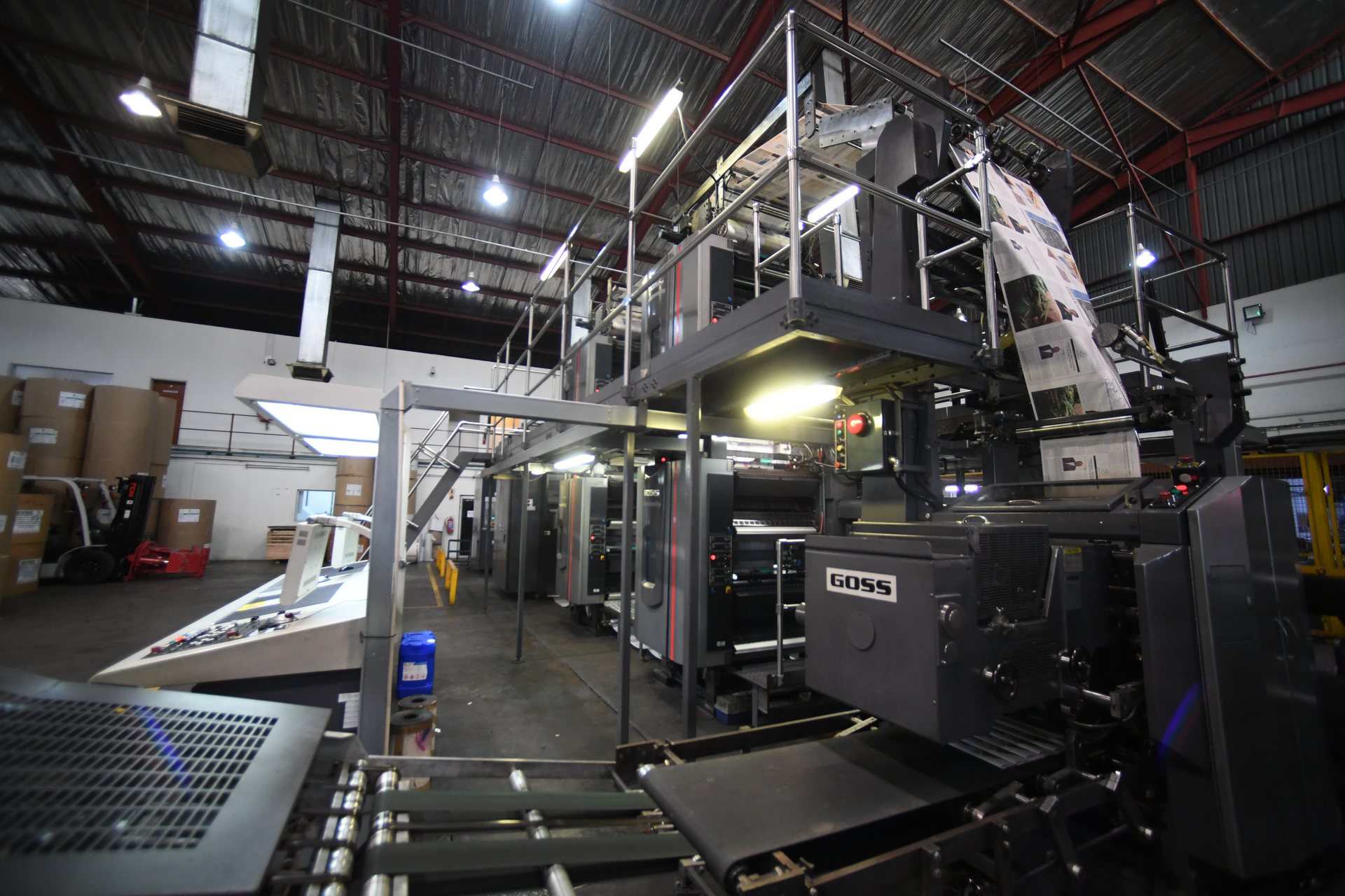 Finished web print output stacked for dispatch